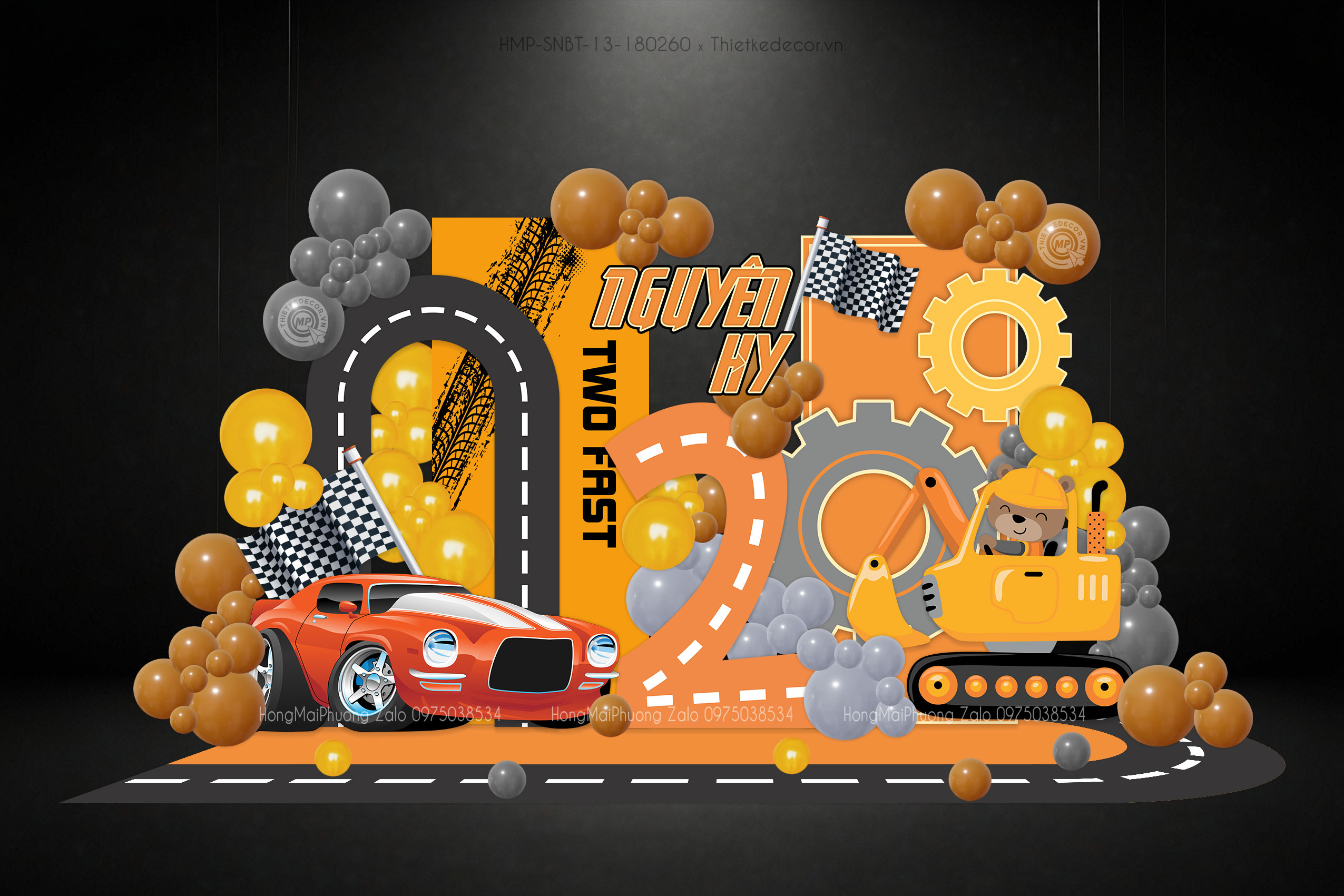 Sinh nhật bé trai 2 tuổi chủ đề xe hơi. xe đua tone vàng cam